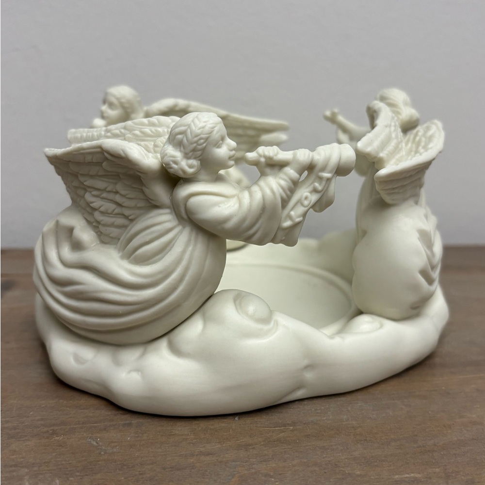 Vintage 1997 Porcelain Ivory Three Angels Candle Holder By Palm Tree